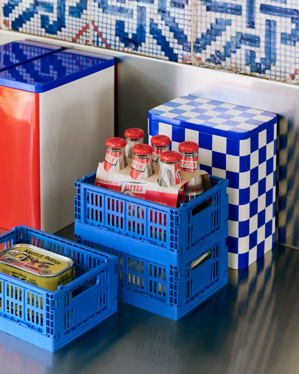 Contenitore, Tin Container Large, Blu/Bianco Sporco