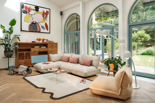 Divano Sumo, composizione ad angolo l. 301 x p. 204.5 x h. 90 cm, bouclè beige